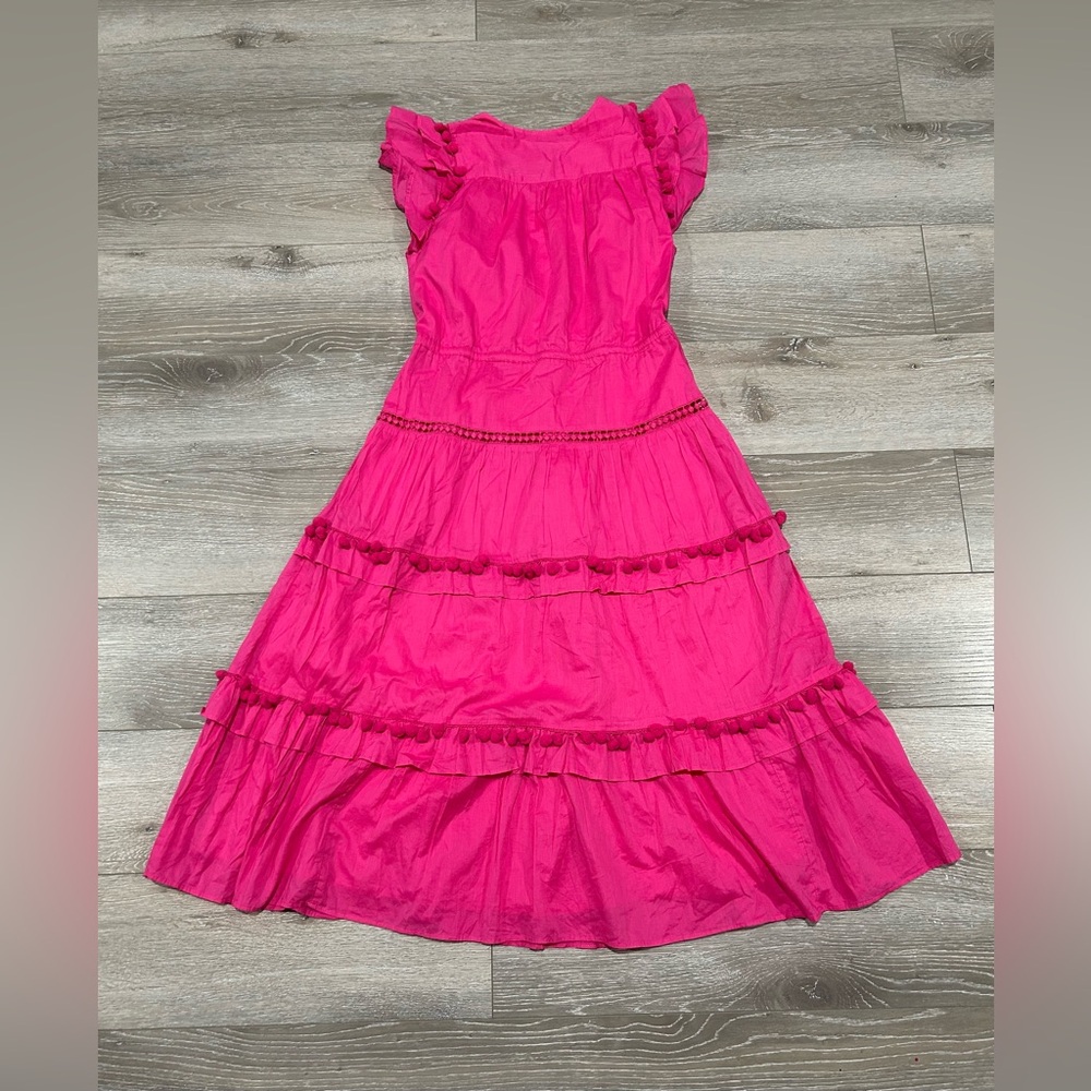 J. Crew Vibrant Pink pom pom flutter sleeve Midi Dress - Picture 4 of 5
